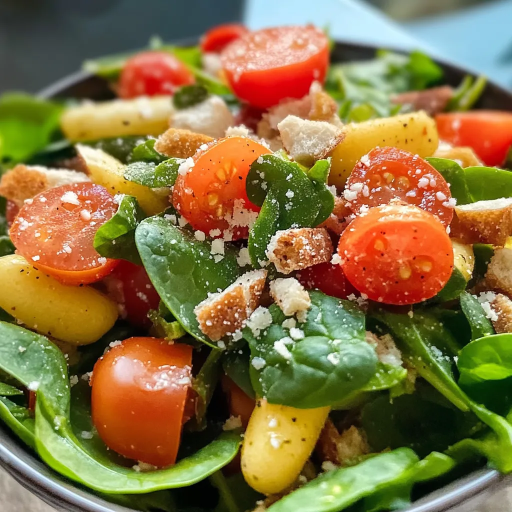 A bowl of salad with tomatoes, spinach, and bread.