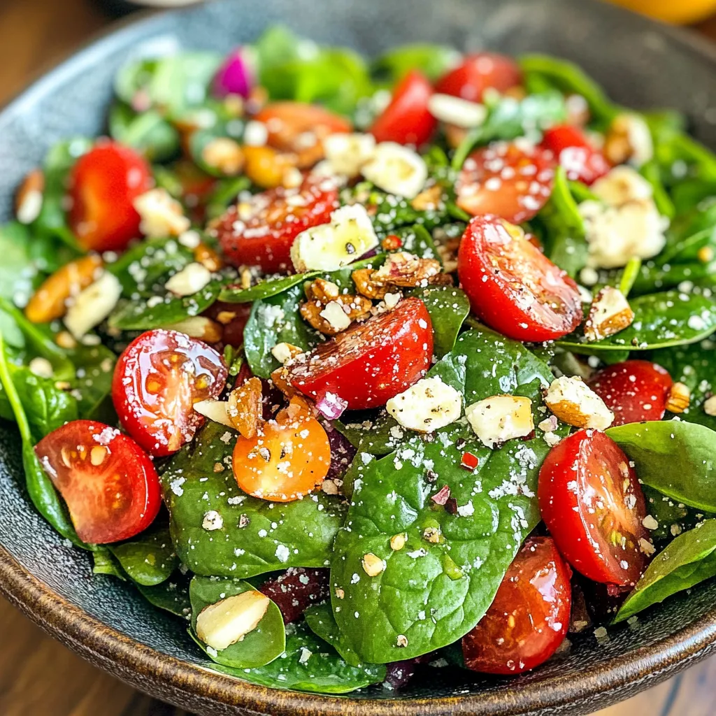 A bowl of salad with tomatoes, spinach, and nuts.