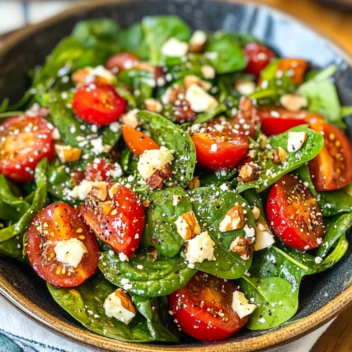 A bowl of salad with tomatoes, spinach, and feta cheese.