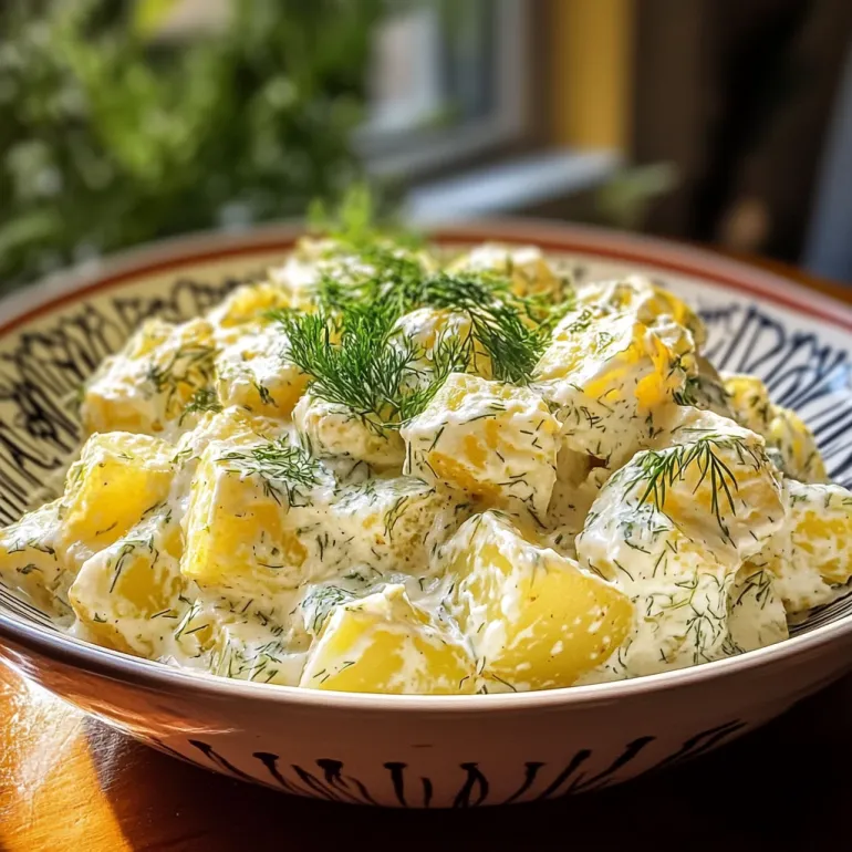 Un bol cu salată de cartofi cu mărar.