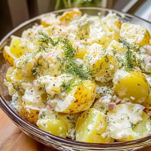Un bol cu salată de cartofi cu mărar.