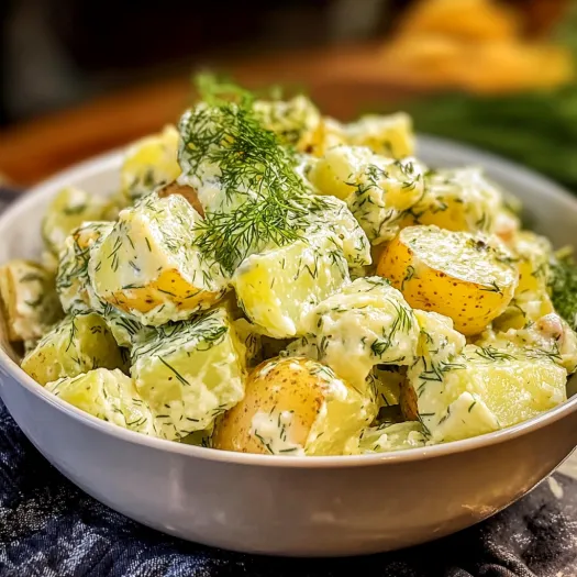 Un bol cu salată de cartofi cu mărar.