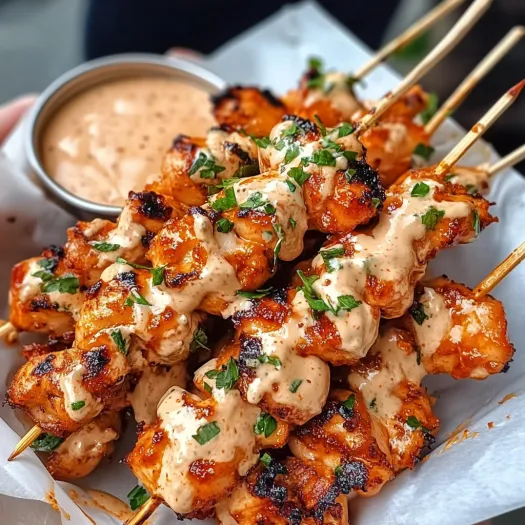 A plate of tasty bang bang chicken skewers.