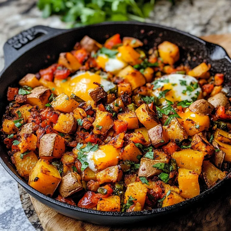A black cast iron skillet filled with a sweet potato breakfast hash.