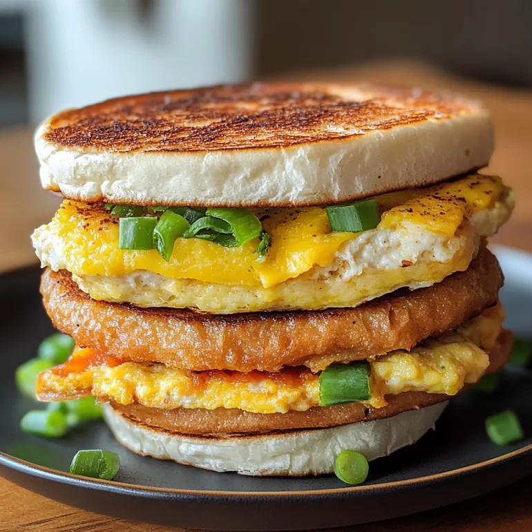 A stack of high-protein vegetarian breakfast sandwiches.