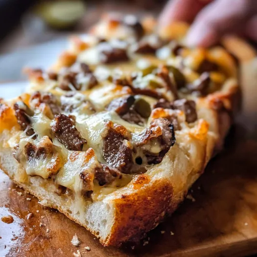 A slice of cheesy bread with meat on top.