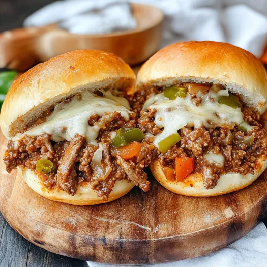 Two sandwiches with meat and cheese on a wooden table.