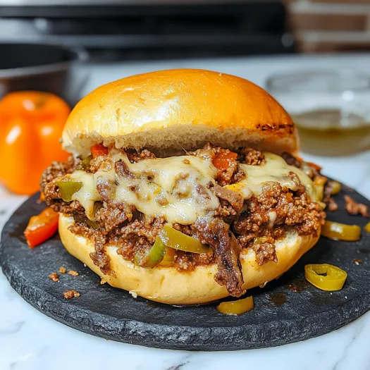 A sloppy joe sandwich with cheese on a black plate.