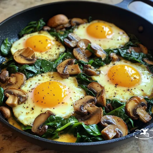 A skillet filled with eggs, spinach and mushrooms.