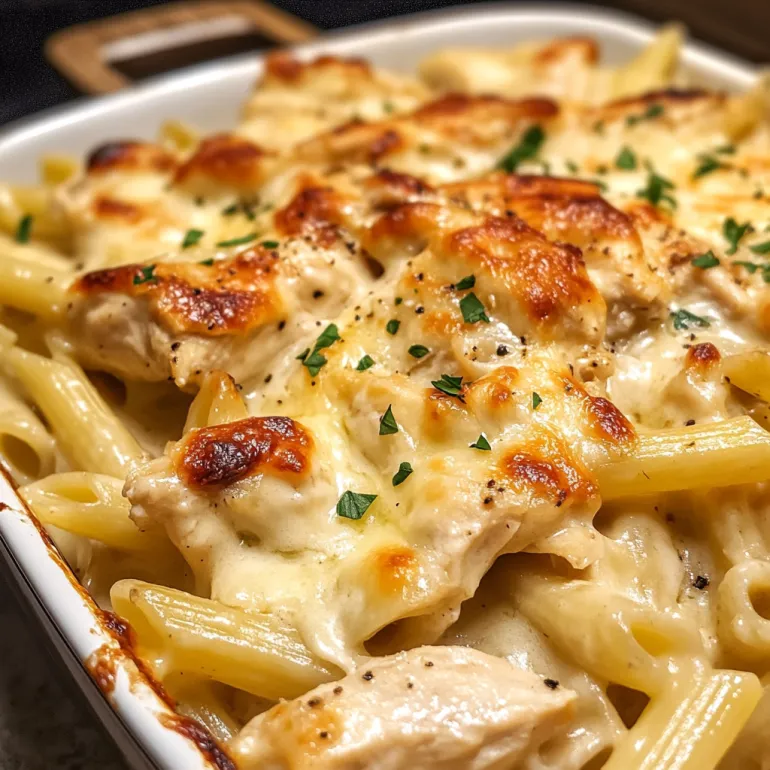 A dish of chicken and pasta.