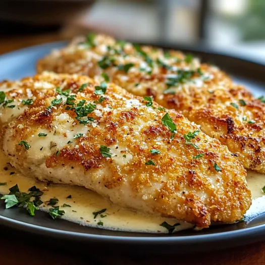 A plate of chicken with Parmesan cheese on top.