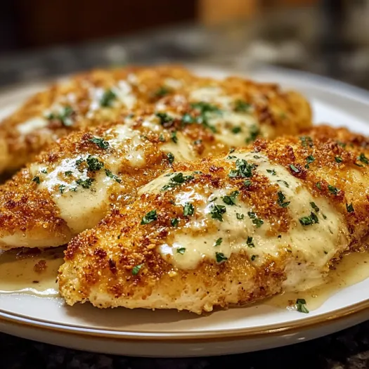 A plate of chicken covered in cheese and herbs.