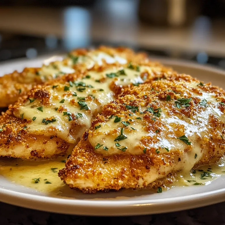 A plate of breaded chicken with cheese on top.