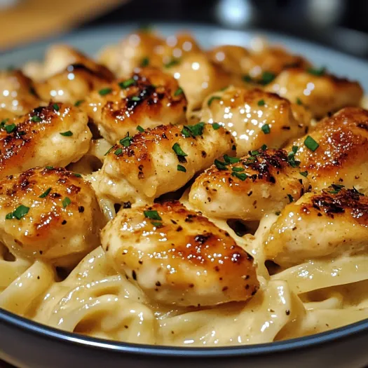 A bowl of garlic butter chicken bites and creamy pasta.