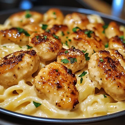 A plate of garlic butter chicken bites with savory creamy parmesan pasta.