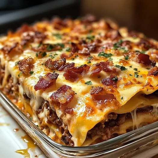 A close up of a Parmesan Garlic Bacon Cheeseburger Lasagna.