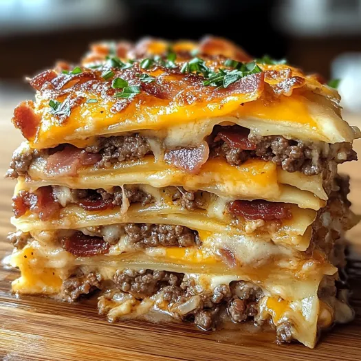 A stack of Parmesan Garlic Bacon Cheeseburger Lasagna.