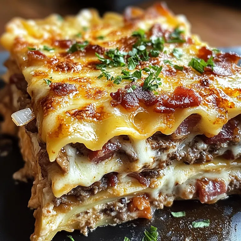 A stack of Parmesan Garlic Bacon Cheeseburger Lasagna.