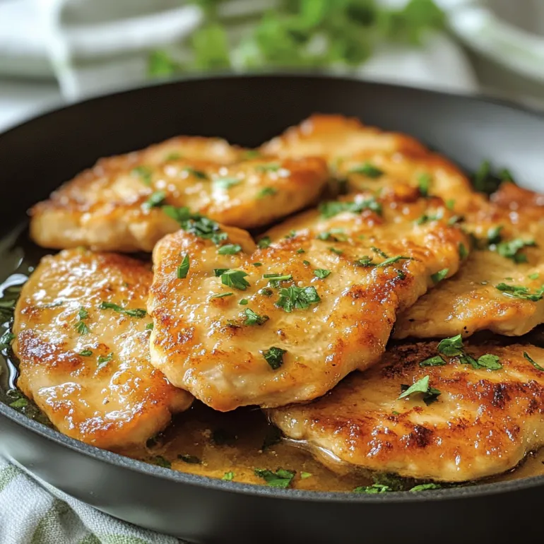 A pan of chicken scallopini with herbs and spices.
