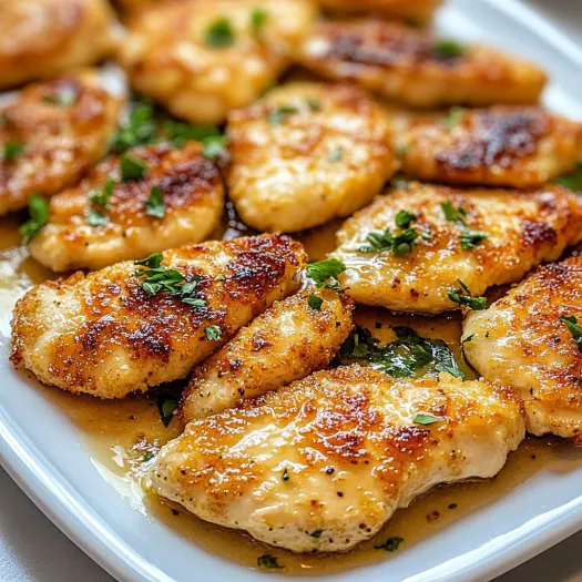 A plate of chicken scallopini with herbs and spices.
