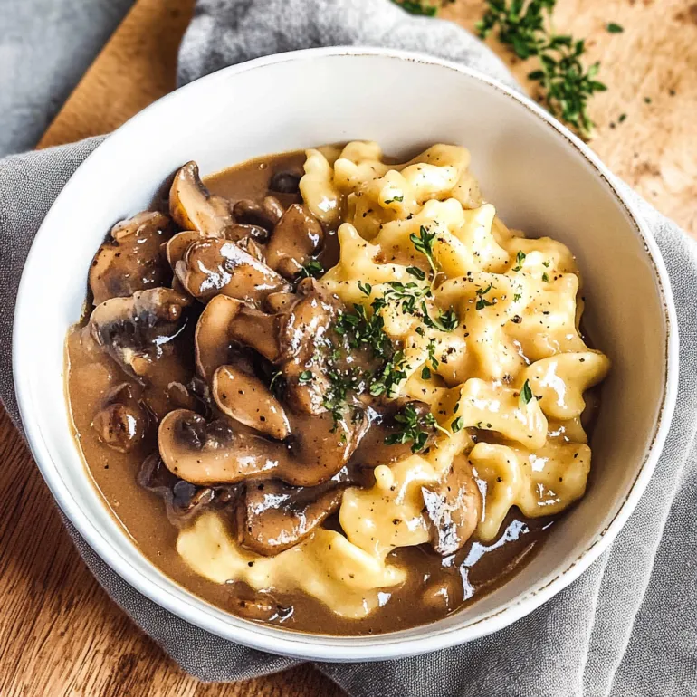 A bowl of mushroom gravy and noodles.