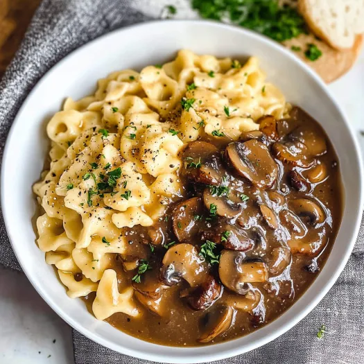 A bowl of Spaetzle with mushroom gravy.