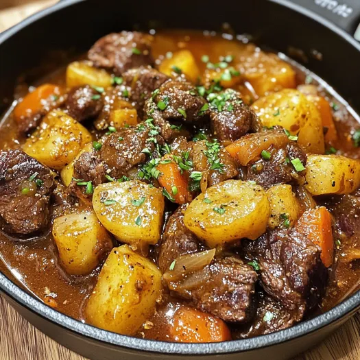 A close up of a beef stew with carrots and onions.