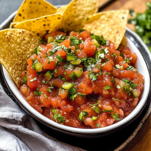 A bowl of salsa with chips on the side.