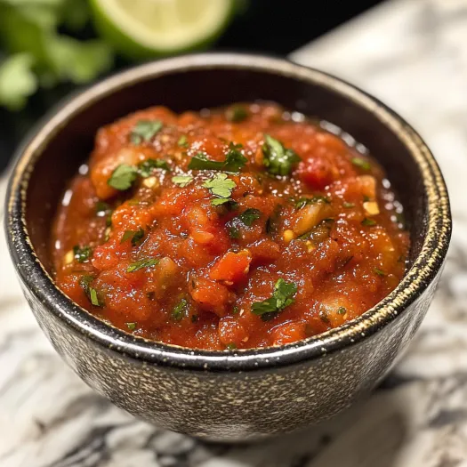 A bowl of salsa with limes and cilantro.
