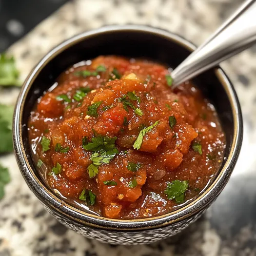 A bowl of salsa with a spoon in it.