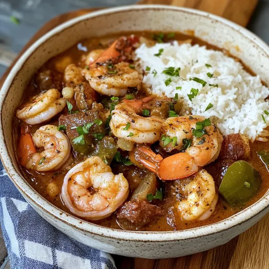 A bowl of shrimp gumbo with rice on the side.