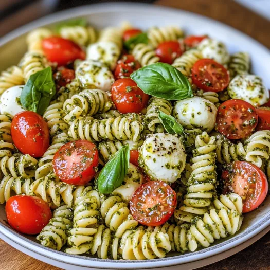 A bowl of pasta salad with tomatoes, spinach, and cheese.