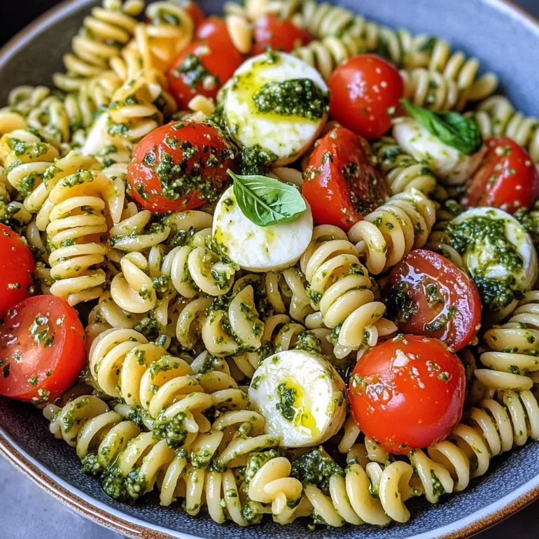 A bowl of pasta salad with tomatoes, cheese, and basil.