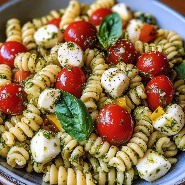 A bowl of pasta salad with tomatoes and basil.
