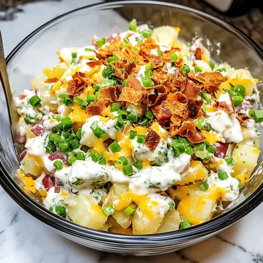 A bowl of loaded baked potato salad.