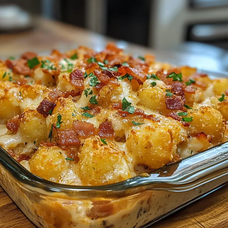 A close up of a chicken bacon ranch tater tot casserole.