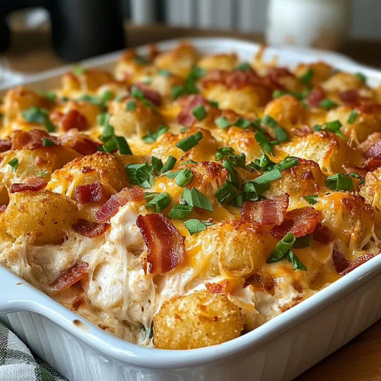 A dish of chicken bacon ranch tater tot casserole.