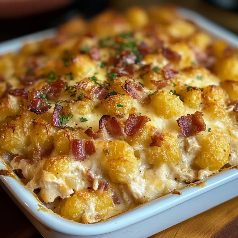 A dish of chicken bacon ranch tater tot casserole.
