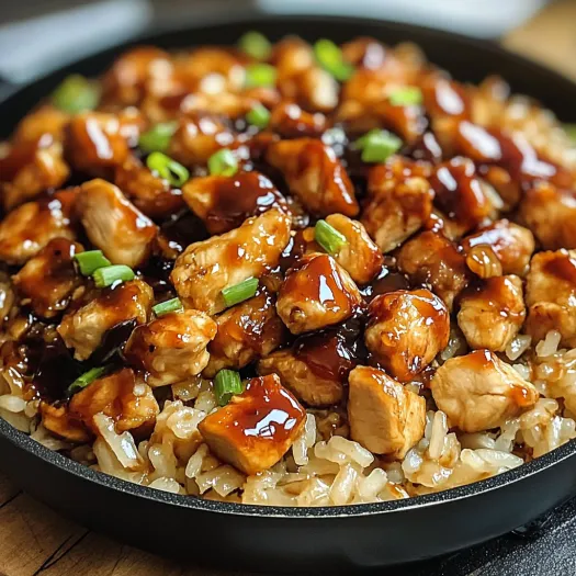 A plate of rice with chicken and sauce.