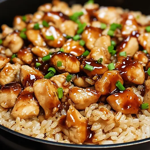 A plate of rice with chicken and sauce.