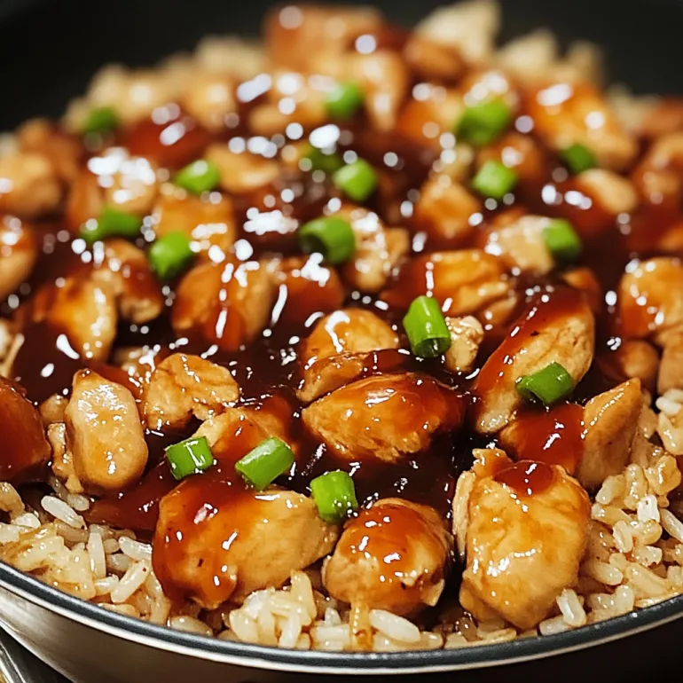 A plate of rice with chicken and sauce.