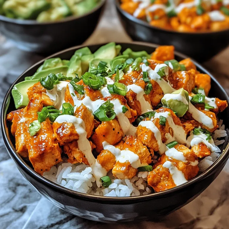 A bowl of buffalo chicken with rice and vegetables.