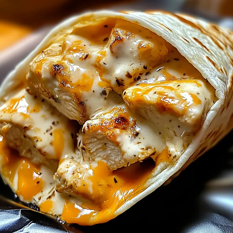 A cheesy garlic chicken wrap.