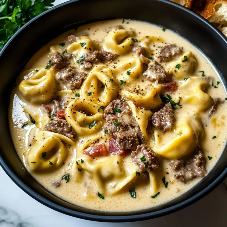 A bowl of cheesesteak tortellini in creamy provolone sauce.