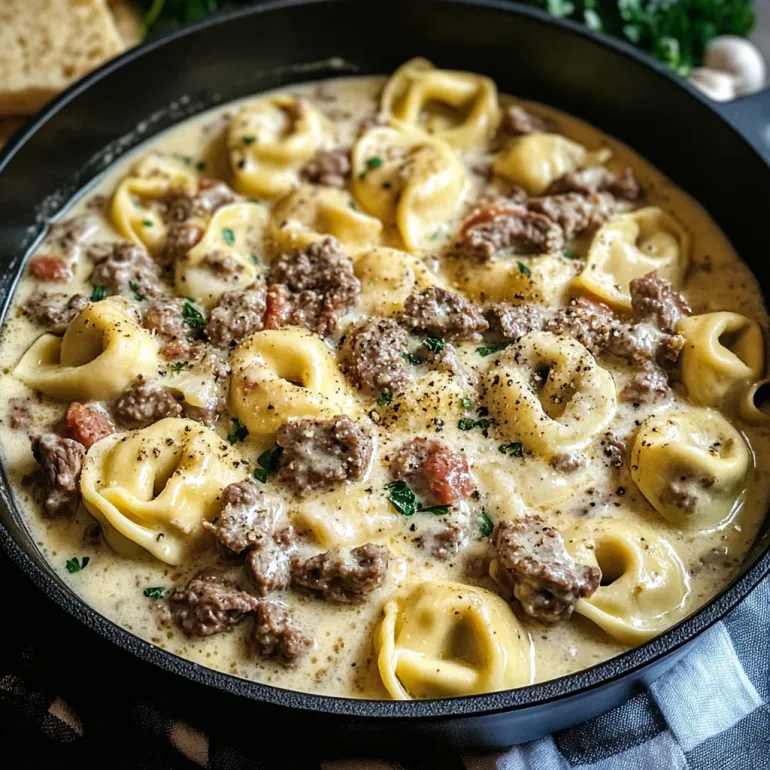 A dish of cheesesteak tortellini in creamy provolone sauce.