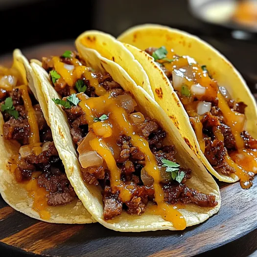 Two tacos with meat and cheese.