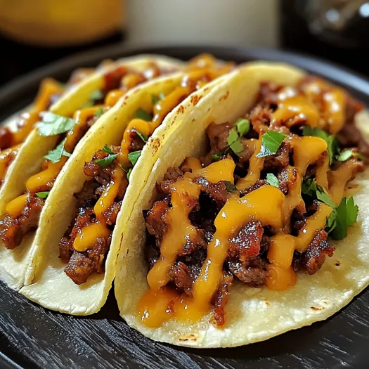 Two tacos with meat and cheese.