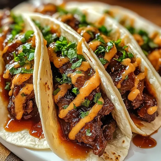 Two tacos with meat and sauce.