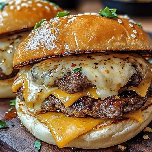 A close up of a garlic parmesan cheeseburger.