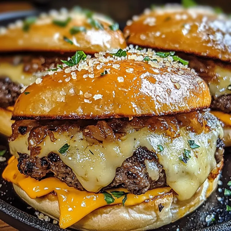 A close up of a garlic parmesan cheeseburger.